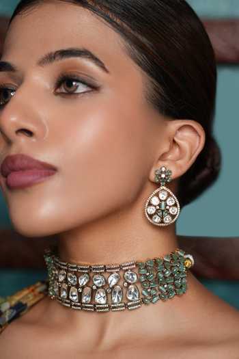 Shop_Cao Jewellery_Green Stone Embellished Choker Set _at_Aza_Fashions