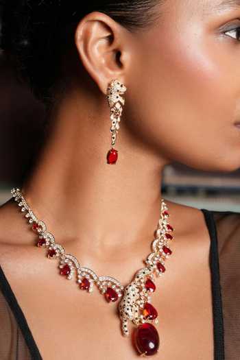 Shop_Cao Jewellery_Red Panther Sleek Pendant Necklace Set _at_Aza_Fashions
