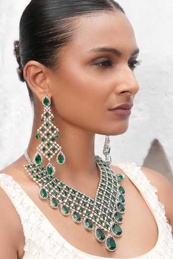 Cao Jewellery_Green American Imitation Diamond Embellished Necklace Set _Online_at_Aza_Fashions