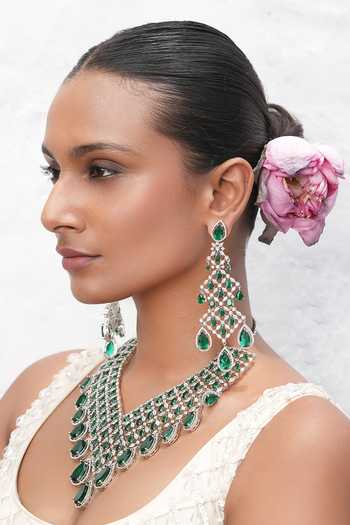 Buy_Cao Jewellery_Green American Imitation Diamond Embellished Necklace Set _Online_at_Aza_Fashions