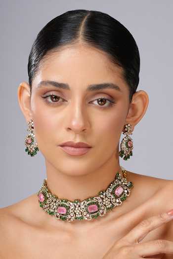 Shop_Cao Jewellery_Pink Stone Embellished Choker Set _Online_at_Aza_Fashions