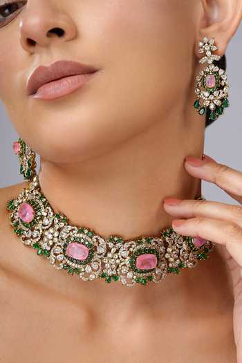 Cao Jewellery_Pink Stone Embellished Choker Set _at_Aza_Fashions