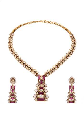 Shop_Cao Jewellery_Red Polki Embellished Baguette Necklace Set _at_Aza_Fashions
