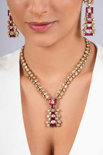 Cao Jewellery_Red Polki Embellished Baguette Necklace Set _at_Aza_Fashions