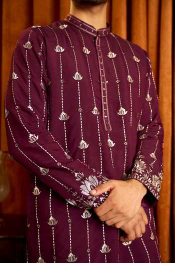 Arihant Rai Sinha_Wine Silk Embroidered Kurta And Aligadi Pant Set _at_Aza_Fashions