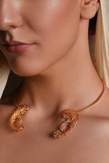 Shop_Cao Jewellery_Gold Plated Textured Hasli Necklace _at_Aza_Fashions