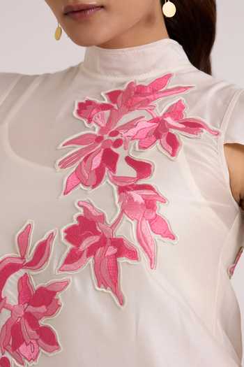 Buy_Madder Much_Ivory Chanderi Silk Mandarin Collar Patchwork Top Pant Set _Online_at_Aza_Fashions