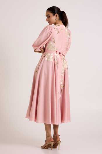 Shop_Madder Much_Pink Silk, Chanderi V-neck Ice Saira Circular Midi Dress _at_Aza_Fashions