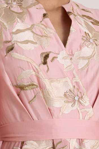 Shop_Madder Much_Pink Silk, Chanderi V-neck Ice Saira Circular Midi Dress _Online_at_Aza_Fashions
