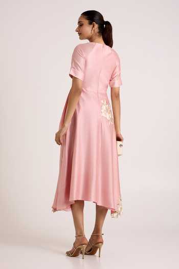 Shop_Madder Much_Pink Chanderi Silk Split V-neck Raizin Crossover Scarf Midi Dress _at_Aza_Fashions