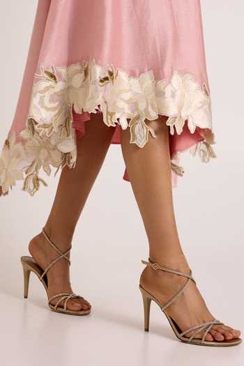 Shop_Madder Much_Pink Chanderi Silk Split V-neck Raizin Crossover Scarf Midi Dress _Online_at_Aza_Fashions