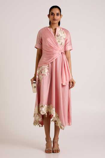 Buy_Madder Much_Pink Chanderi Silk Split V-neck Raizin Crossover Scarf Midi Dress _at_Aza_Fashions