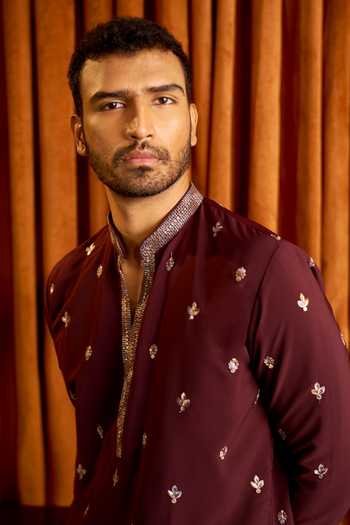 Shop_Arihant Rai Sinha_Wine Silk Floral Scattered Embroidered Kurta Set _at_Aza_Fashions