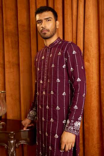 Shop_Arihant Rai Sinha_Wine Silk Embroidered Kurta And Aligadi Pant Set _at_Aza_Fashions