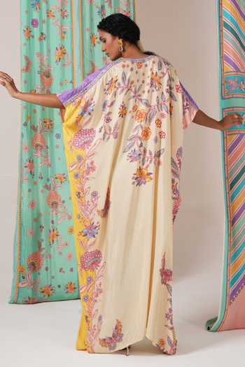 Shop_Swati Vijaivargie_Yellow Silk Ivory And Butterfly Kaftan _at_Aza_Fashions