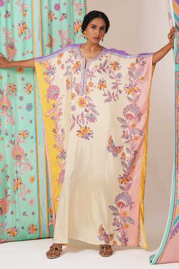 Shop_Swati Vijaivargie_Yellow Silk Ivory And Butterfly Kaftan _Online_at_Aza_Fashions
