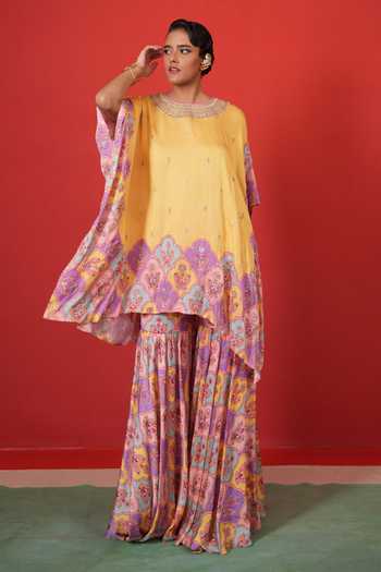 Shop_Swati Vijaivargie_Yellow Satin, Modal, Bemberg Embroidery Butterfly Short Poncho And Sharara Set _Online_at_Aza_Fashions