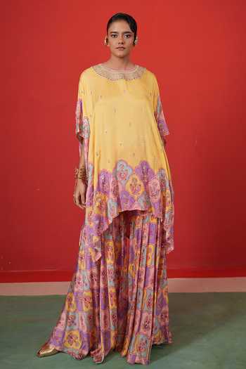 Swati Vijaivargie_Yellow Satin, Modal, Bemberg Embroidery Butterfly Short Poncho And Sharara Set _at_Aza_Fashions
