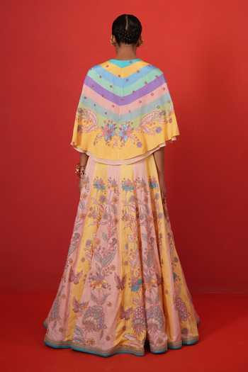 Shop_Swati Vijaivargie_Multi Color Silk, Satin, Linen Keyhole Neck Butterfly Cape Lehenga Set _at_Aza_Fashions