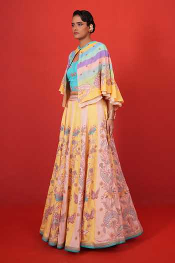 Swati Vijaivargie_Multi Color Silk, Satin, Linen Keyhole Neck Butterfly Cape Lehenga Set _Online_at_Aza_Fashions