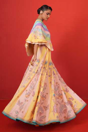 Shop_Swati Vijaivargie_Multi Color Silk, Satin, Linen Keyhole Neck Butterfly Cape Lehenga Set _Online_at_Aza_Fashions