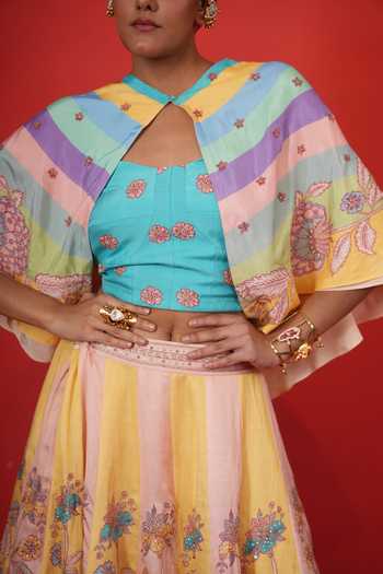 Swati Vijaivargie_Multi Color Silk, Satin, Linen Keyhole Neck Butterfly Cape Lehenga Set _at_Aza_Fashions