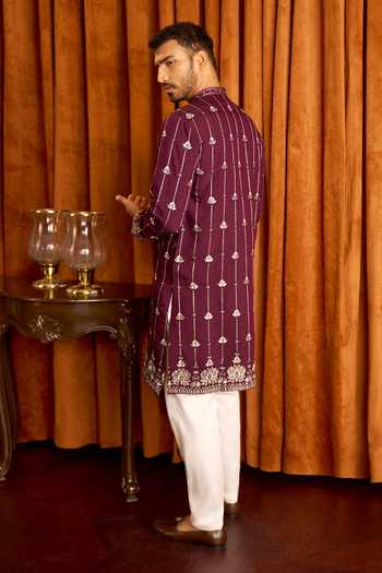 Arihant Rai Sinha_Wine Silk Embroidered Kurta And Aligadi Pant Set _Online_at_Aza_Fashions