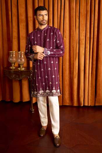 Shop_Arihant Rai Sinha_Wine Silk Embroidered Kurta And Aligadi Pant Set 