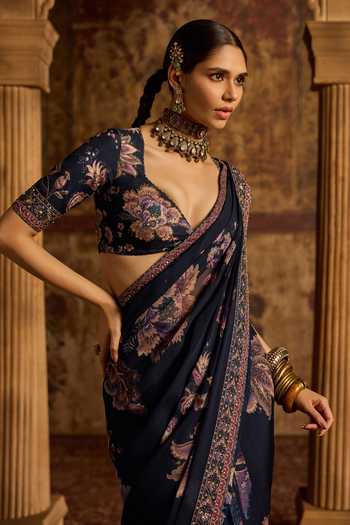 Buy_Kalista_Blue Organza, Viscose Sweetheart Neck Sayna Printed Saree And Blouse Set _Online_at_Aza_Fashions