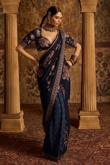 Buy_Kalista_Blue Organza, Viscose Sweetheart Neck Sayna Printed Saree And Blouse Set 