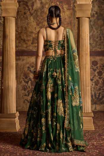 Shop_Kalista_Emerald Green Silk, Organza, Net Zari, Stones, Samreen Floral Print Lehenga Set _at_Aza_Fashions