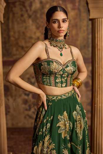 Kalista_Emerald Green Silk, Organza, Net Zari, Stones, Samreen Floral Print Lehenga Set _Online_at_Aza_Fashions