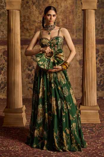 Buy_Kalista_Emerald Green Silk, Organza, Net Zari, Stones, Samreen Floral Print Lehenga Set _Online_at_Aza_Fashions