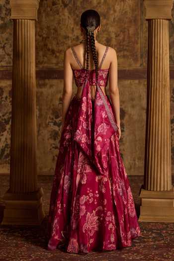 Shop_Kalista_Fuchsia Silk, Organza, Net Sweetheart Neck Samreen Floral Print Lehenga Set _at_Aza_Fashions