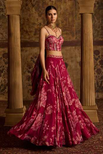 Shop_Kalista_Fuchsia Silk, Organza, Net Sweetheart Neck Samreen Floral Print Lehenga Set _Online_at_Aza_Fashions