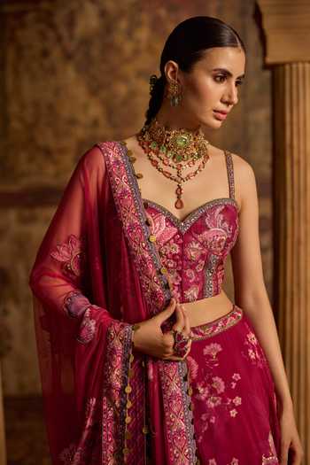 Buy_Kalista_Fuchsia Silk, Organza, Net Sweetheart Neck Samreen Floral Print Lehenga Set 
