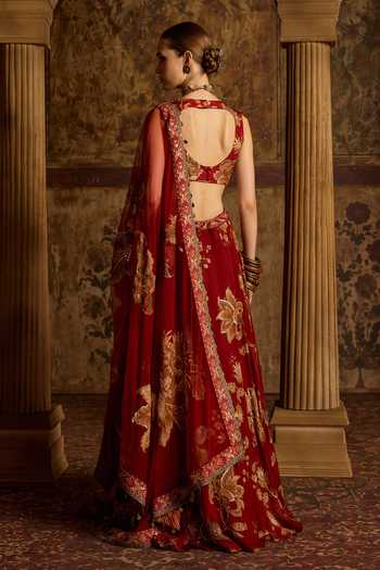 Shop_Kalista_Red Silk, Organza, Net Keyhole Neck Adwika Floral Print Lehenga Set _at_Aza_Fashions