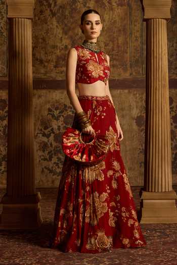 Shop_Kalista_Red Silk, Organza, Net Keyhole Neck Adwika Floral Print Lehenga Set _Online_at_Aza_Fashions
