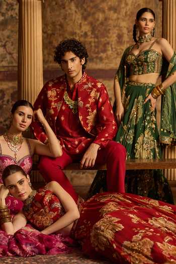 Kalista_Red Silk, Organza, Net Keyhole Neck Adwika Floral Print Lehenga Set _at_Aza_Fashions