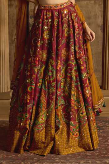 Kalista_Emerald Green Silk, Net V-neck Riddhima Printed Lehenga Set _at_Aza_Fashions