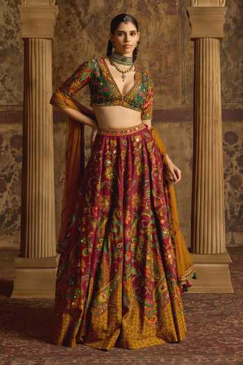 Buy_Kalista_Emerald Green Silk, Net V-neck Riddhima Printed Lehenga Set _at_Aza_Fashions