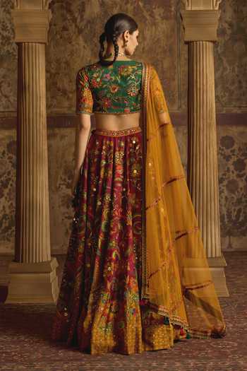 Buy_Kalista_Emerald Green Silk, Net V-neck Riddhima Printed Lehenga Set 