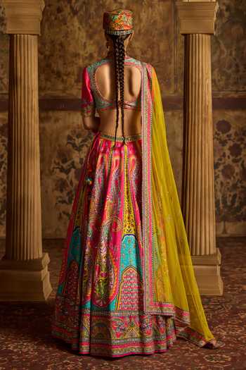 Shop_Kalista_Pink Silk, Net Keyhole Neck Nitara Printed Lehenga Set _at_Aza_Fashions