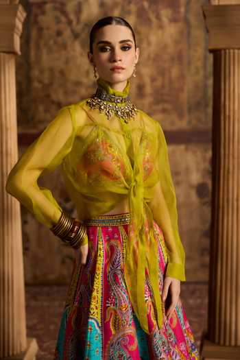 Buy_Kalista_Pink Silk, Organza Plunge , High Vamika Printed Lehenga Set With Shirt _Online_at_Aza_Fashions