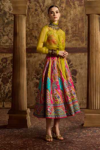 Buy_Kalista_Pink Silk, Organza Plunge , High Vamika Printed Lehenga Set With Shirt 