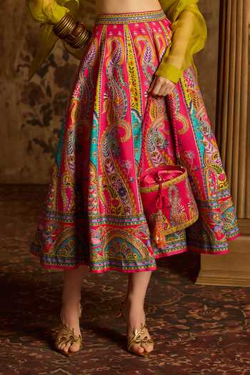 Kalista_Pink Silk, Organza Plunge , High Vamika Printed Lehenga Set With Shirt _Online