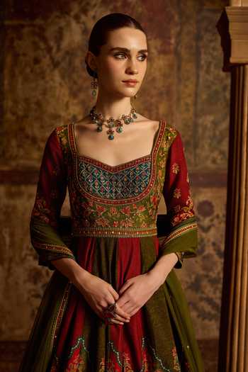 Kalista_Maroon Silk, Viscose, Net Sweetheart Shirina Floral Print Anarkali With Dupatta _Online_at_Aza_Fashions
