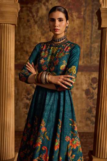 Kalista_Blue Silk, Net High Neck Reha Floral Print Anarkali With Dupatta _Online_at_Aza_Fashions