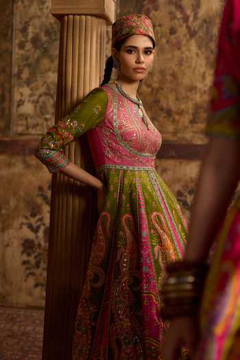 Kalista_Green Silk, Viscose Keyhole Neck Taroob Embroidered Anarkali With Lehenga _Online_at_Aza_Fashions