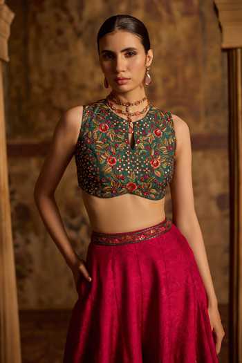 Shop_Kalista_Green Silk, Viscose, Organza Keyhole Neck Amyha Embroidered Cape Sharara Set _Online_at_Aza_Fashions